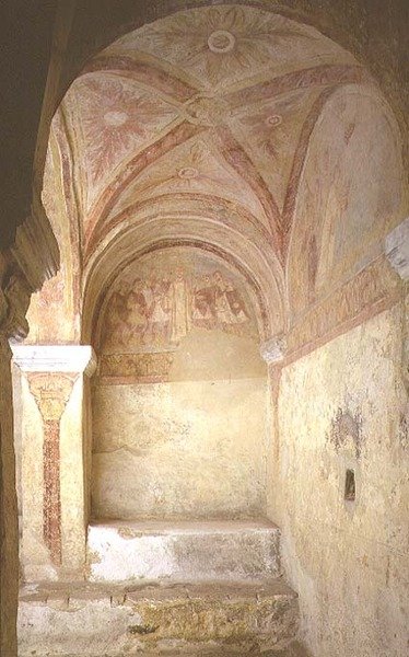 View of the Western Part of the Crypt with Wall Paintings Depicting Two Episodes from the Martyrdom of St. Stephen by French School