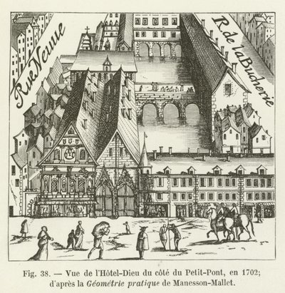View of the Hotel-Dieu from the Petit-Pont side, in 1702; after the Practical Geometry of Manesson-Mallet by French School