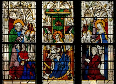 Window depicting the Virgin and Child Enthroned: also the donors with their patron saints (St Peter and St Barbara) by French School