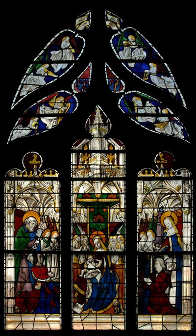 Window depicting the Virgin and Child Enthroned: also the donors with their patron saints (St Peter and St Barbara) by French School