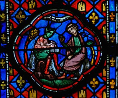 Window Ew-R depicting a scene from the Theophilus story: he signs a pact with the devil by French School