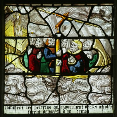 Window depicting Saint Nicholas saving pilgrims from being shipwrecked in a storm by French School