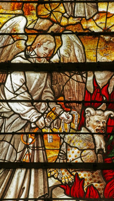 Window depicting a Scene from the Book of Revelation: Angel with key to the pit, Satan by French School