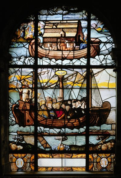 Window depicting a ship with saints and Noah