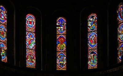 Window depicting the east windows of the apse with reset thirteenth century French panels by French School