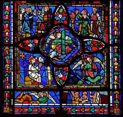 Window depicting the first section of window w7; At the centre are Relics of the Passion (the Cross and Spear); elsewhere are disputing monks and interpolated panels of the Last Judgement by French School
