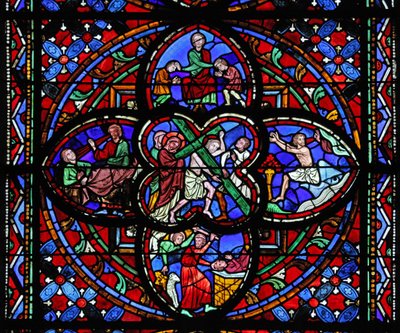 Window depicting the second section of the Way of the Cross: with Jonah and the whale; Abraham
