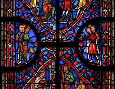 Bystanders, background and border in the St Andrew window by French School