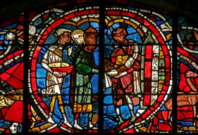 Window depicting a scene from the Prodigal Son story: he receives his inheritance by French School