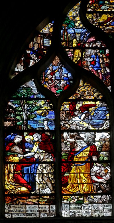 Window w126 depicting Abraham receives three visitors; Abraham attempts to sacrifice Isaac by French School
