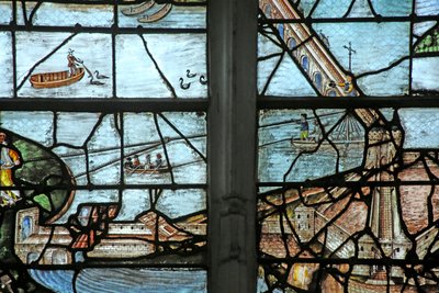 Window depicting Building the bridge over the Seine by French School