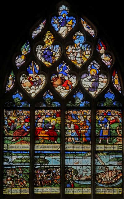 Window depicting the Feeding of the 5000; a local scene of building a bridge by French School