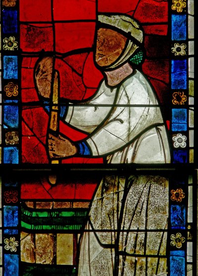 Window w15 depicting a scene from a legend of St Nicholas: the miracle of 3 boys: a butcher kills three boys by French School