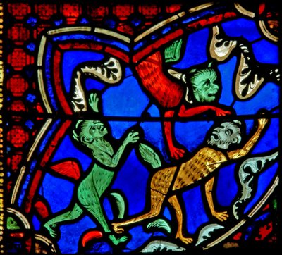 Window w18 depicting St James and demons that get all agitated by French School