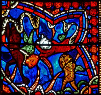 Window w18 depicting St James and demons that get all agitated by French School