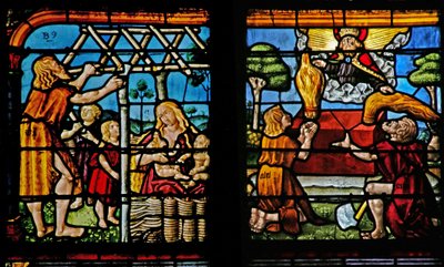 Window depicting Adam building a house and Eve bringing up their children; Cain and Abel making their offerings to the Lord by French School