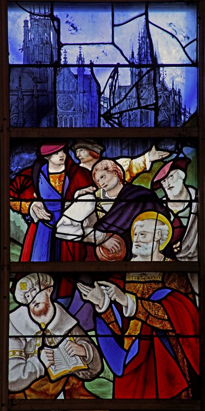 Window depicting a scene from the life of St Peter: Simon Magus and Peter debate; Rouen cathedral and St Maclou in the background by French School