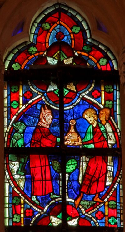 Window depicting a scene from a legend of St Nicholas: a devil gives travellers a liquid by French School