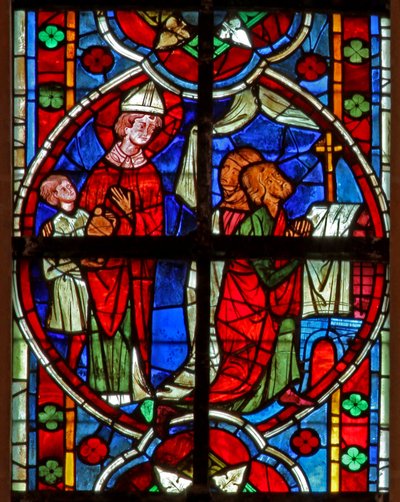 Window depicting a scene from a legend of St Nicholas: he helps recover the stolen goods by French School