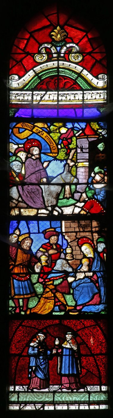 Window depicting the Entry to Jerusalem; Adoration of Magi; Ss Cosmos and Damian by French School