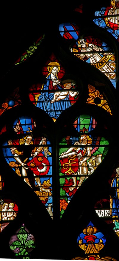 Tracery lights with angels carrying shields of arms by French School