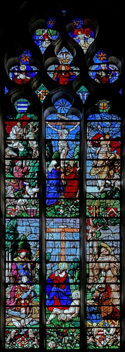 Crucifixion with St Hubert and St Christopher; Below is the Donor Louis de Roncherolles and Wife Francoise de Halluin with St Louis and St Francis (Window W25) by French School