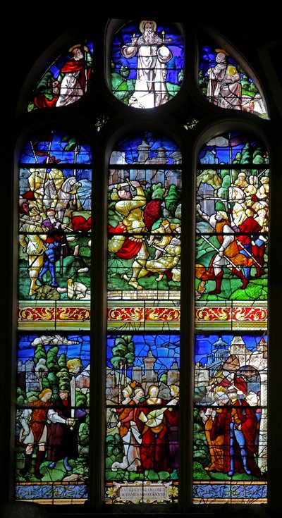 Window depicting David slaying Goliath; he returns with the head to the daughters of Judea by French School
