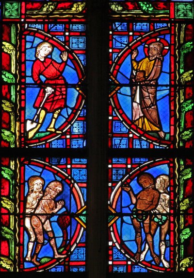 Window w30 depicting God with Adam carrying a spade; Adam and Eve try to hide their nakedness by French School