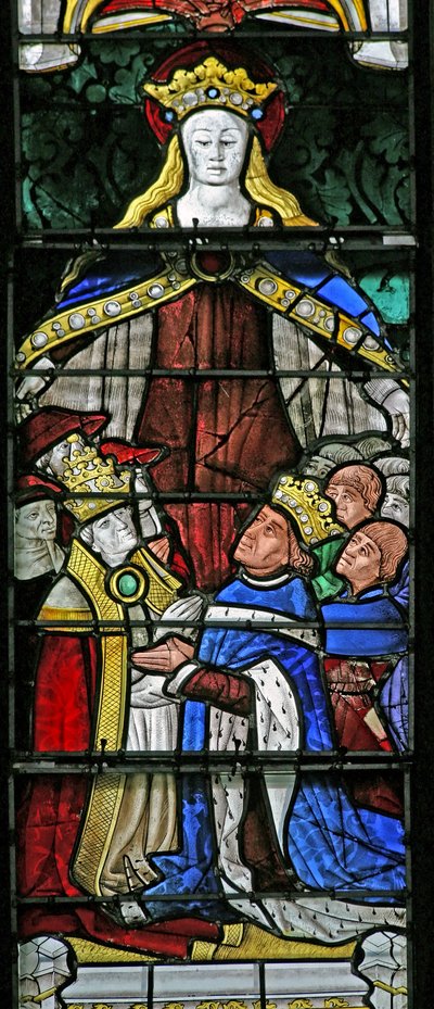 Window w4 depicting the Virgin Mary as Protector, Pope Paul II and King Louis XI by French School
