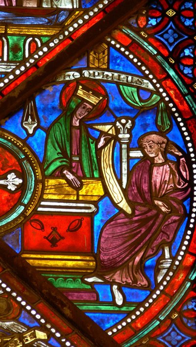 Window w6 depicting a scene from the Theophilus story: the Virgin returns the pact by French School