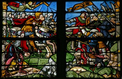 Window depicting a battle scene with the Emperor Constantine where the Cross appeared and he triumphs by French School