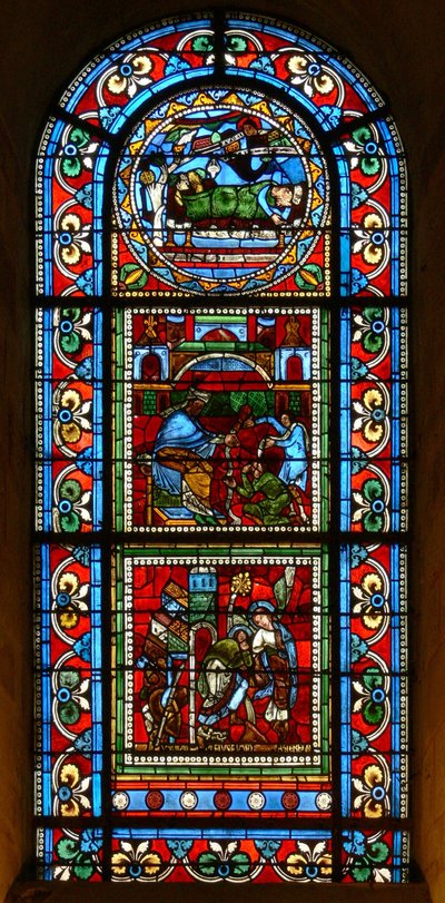 Window wXVIII depicting 3 panels attributed to the Ascension Master: a sleeping king; Pilate washing his hands; St Peter is led out of prison by an angel by French School