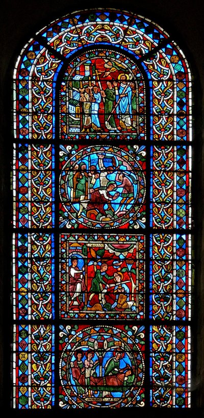 Window wXXI depicting a composite window of 4 panels, three in connection with St Gervais and St Protais by French School