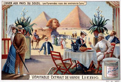 Winter in the countries of the sun: pyramids seen from the surroundings of Cairo - Advertising vignette, chromo. Liebig, c.1900 by French School