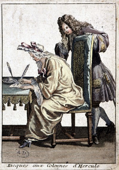 Woman in a shirt and nightcap writing a letter with man, circa 1715 by French School