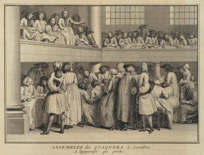 Woman preaching at a meeting of Quakers in London by French School