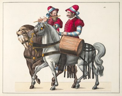 Two musicians at a tournament, plate from A History of the Development and Customs of Chivalry, by Dr. Franz Kottenkamp, published by Carl Hoffmann by Friedrich Martin von Reibisch
