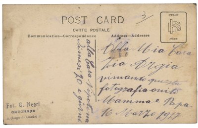 Back of Postcard with an Infantry Soldier, Gunner, in Uniform with His Wife and Son During the First World War by G. Negri