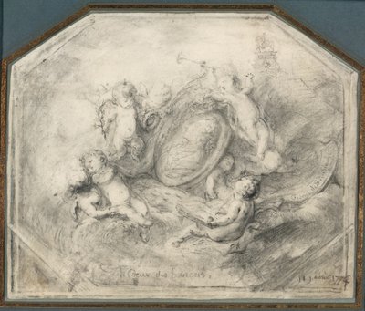 A Portrait Medallion of King Louis XV Surrounded by Putti Carrying the Attributes of Fame and History by Gabriel Jacques de Saint Aubin