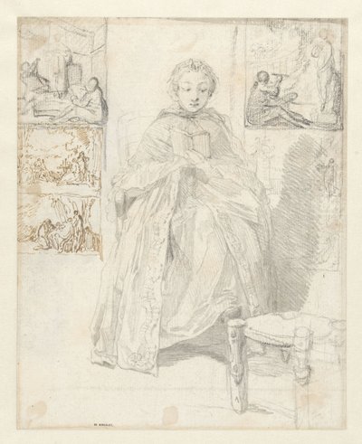 Study Sheet with a Reading Woman and Some Sketches by Gabriel Jacques de Saint Aubin
