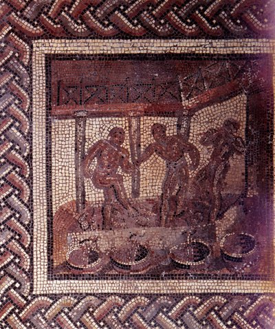 Gallo Roman Art: mosaic paving representing a rustic calendar. Scene of treading grapes in a vat. End 2nd, beginning of 3rd century after JC. From Saint-Romain-en-Gal (Rhone) by Gallo Roman