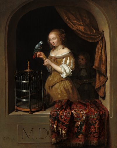 A Woman Feeding a Parrot, with a Page by Gaspar Netscher