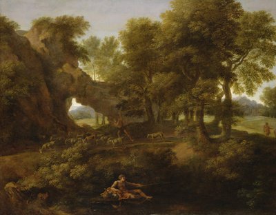 Landscape with a Fisherman, a Shepherd and Other Figures by Gaspard Poussin Dughet