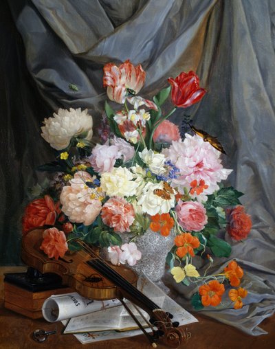 Still Life with Vase of Cut Flowers and Violin by Gaspare Mattioli