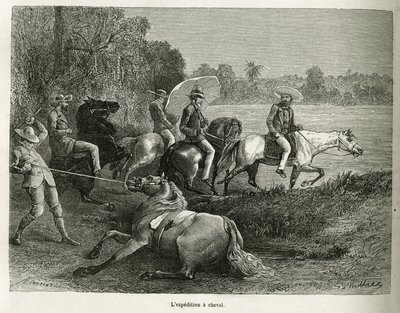 The expedition on horseback for the exploration of the valley of Terable (engraving after a drawing by G. Vuillier, to illustrate the story 