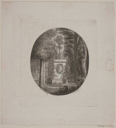 Pedestal with Amor and Psyche and another sculpture in a garden by Georg Christian Schule
