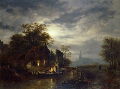 Moonlit River Scene with Figures Unloading a Boat by Georg Gillis van Haanen