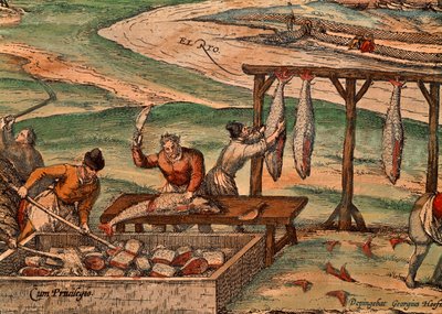 Tuna processing, scene from Civitates Orbis Terrarum by Georg Braun and Hogenberg Franz