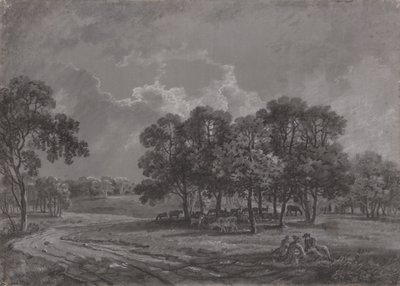 Park Scene with Deer, Cattle, and a Group of Figures by George Barret