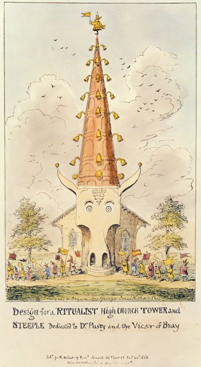 Design for a Ritualist High Church Tower and Steeple, Dedicated to Dr. Pusey and the Vicar of Bray, 1868 by George Cruikshank
